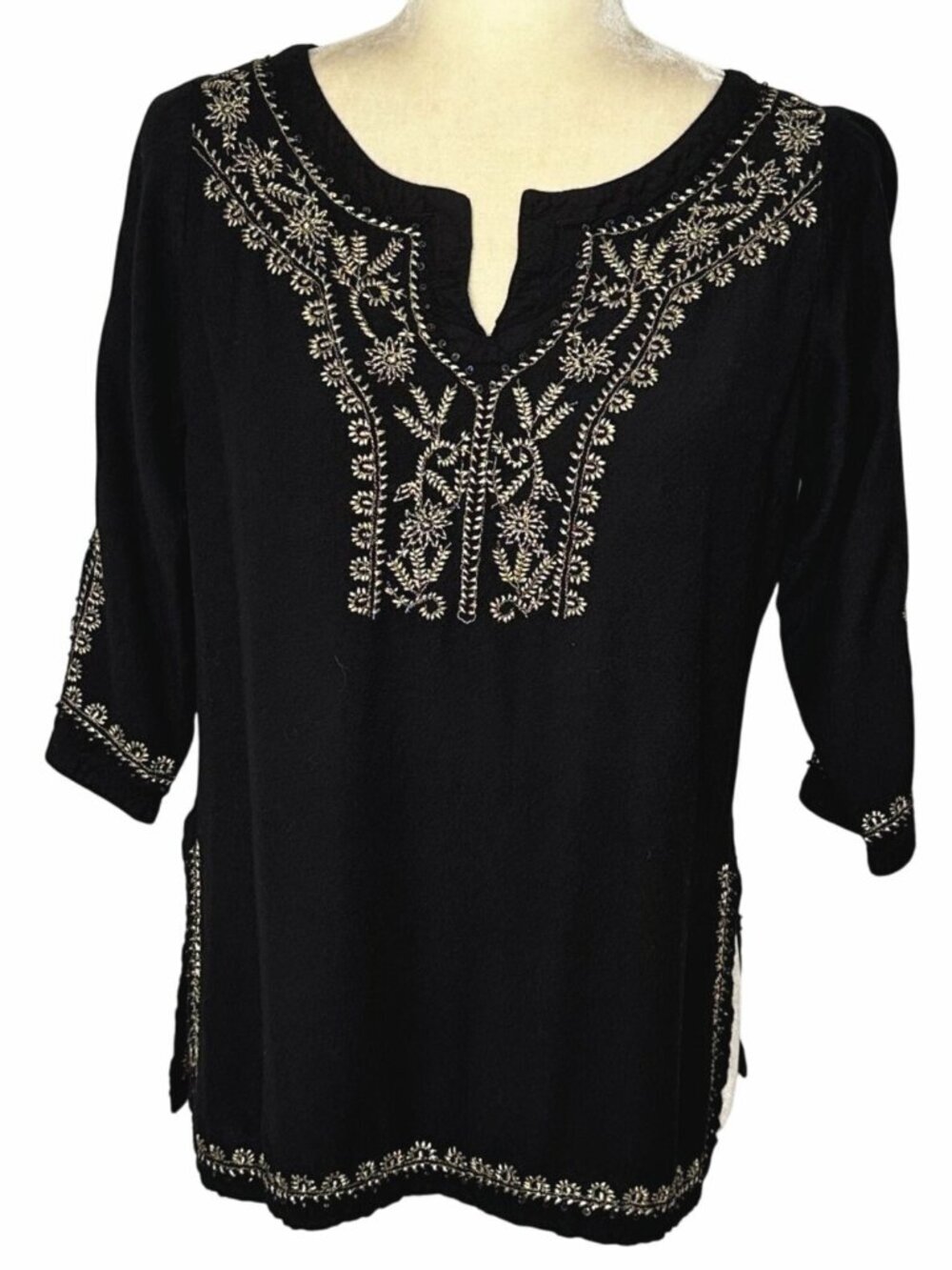 Vintage Anthony Originals NY Embroidered Tunic Top Festival Black Gold Small